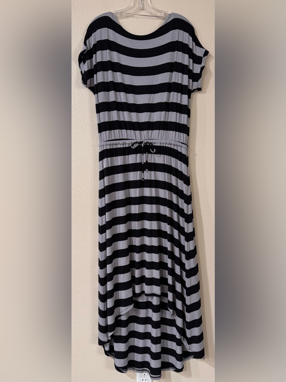 Caslon Nordstrom Striped High Low Maxi Dress Drawstring Waist Black Grey L